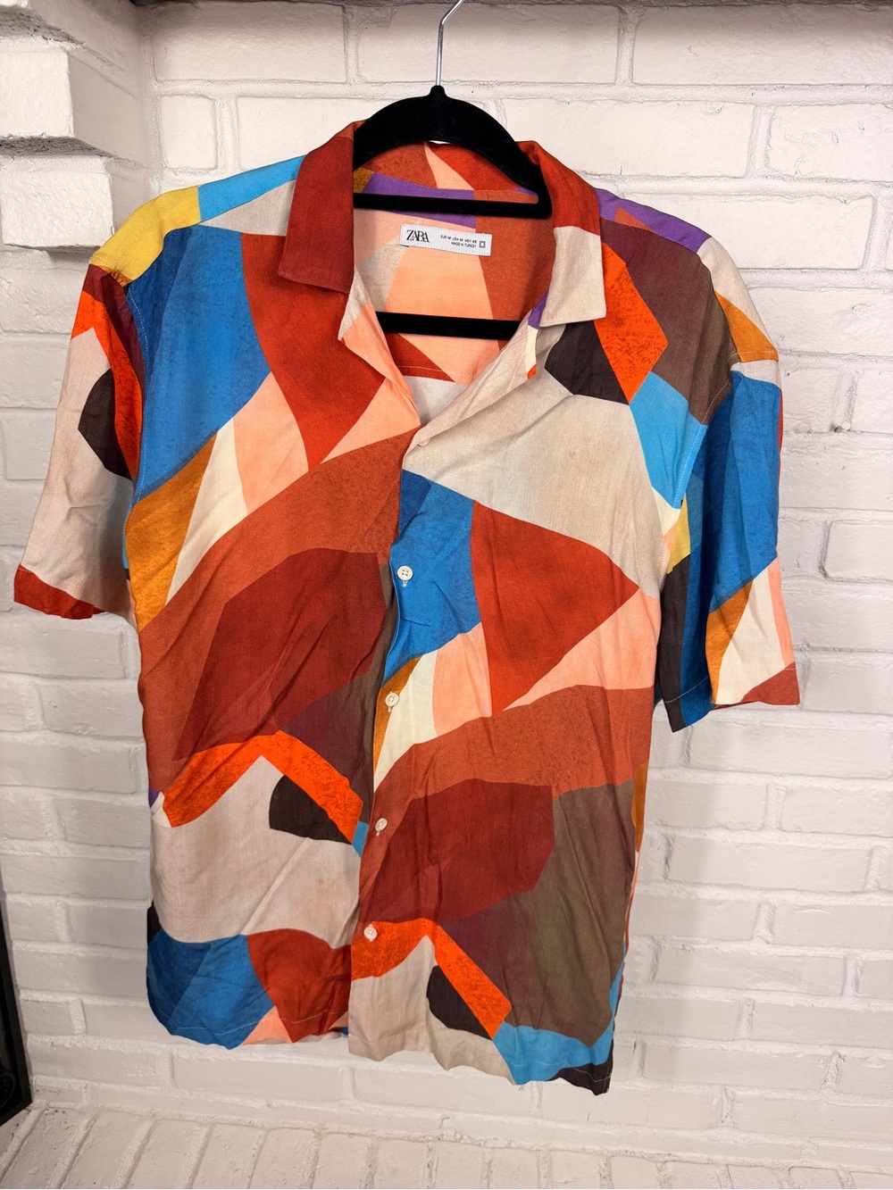 Zara Abstract Geometric Print Button Front Camp Shirt Blouse Medium M Viscose